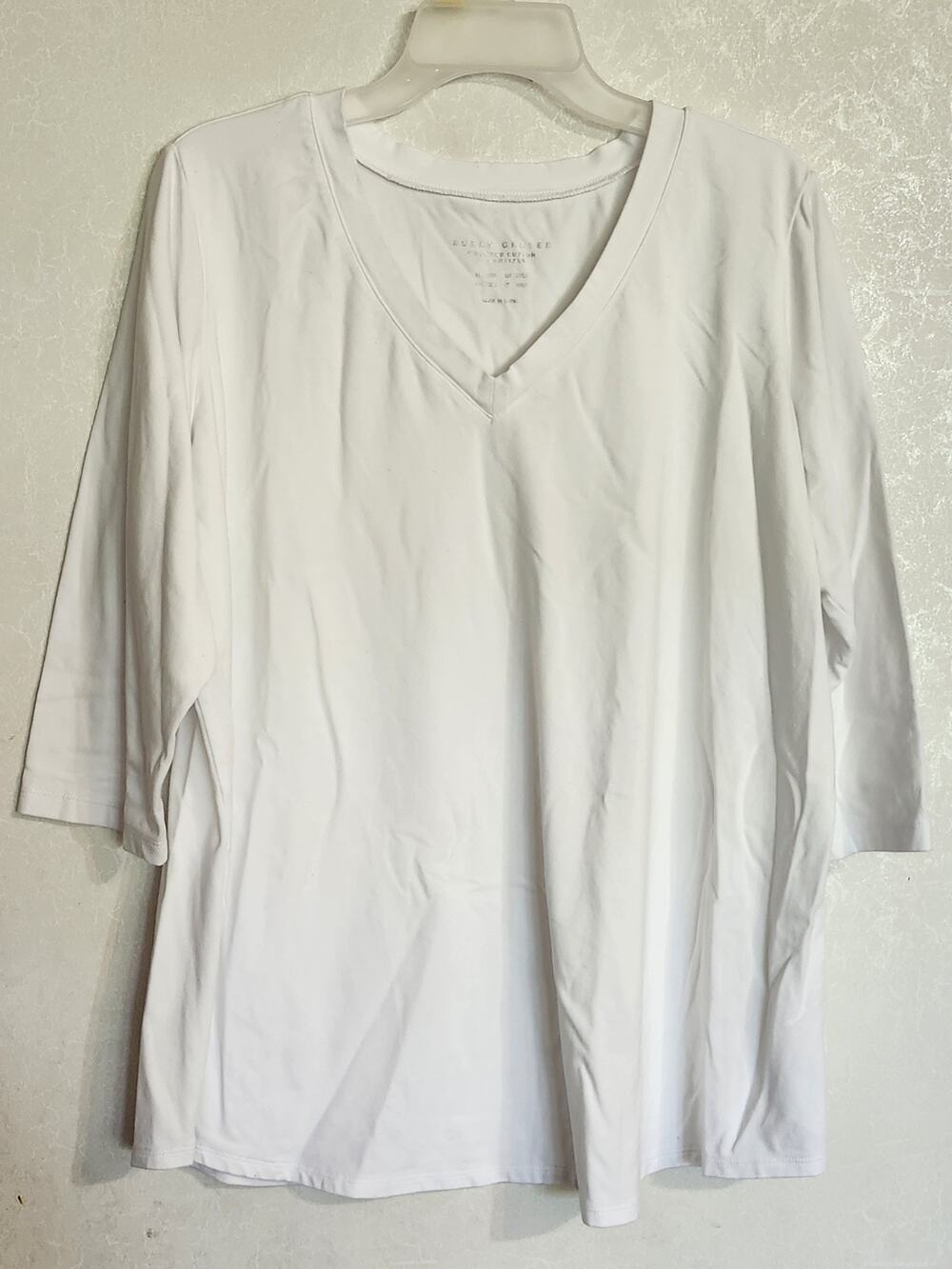 Susan Graver Weekend Cotton Essentials Top 1XP White Short Sleeve V Neck